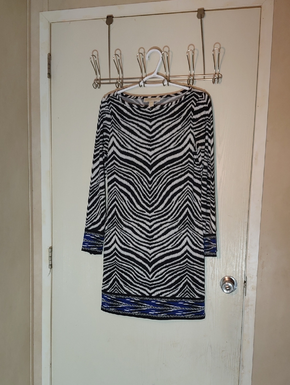 Michael KORS- Women's Black & White Zebra Print Shift Dress with Blue Accent